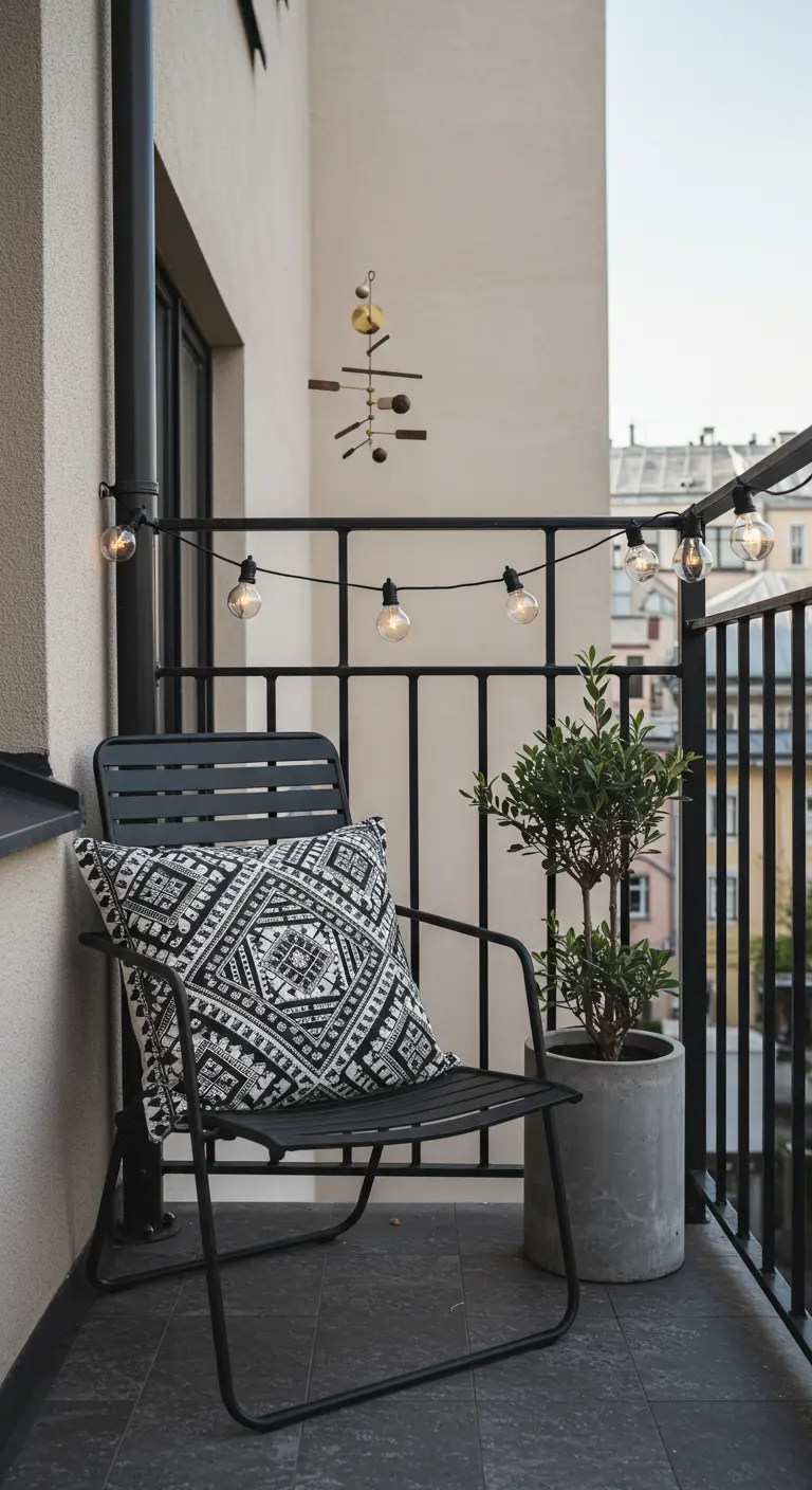 Petit balcon scandinave bohème avec chaise noire, coussin géométrique, petit arbre et mobile.