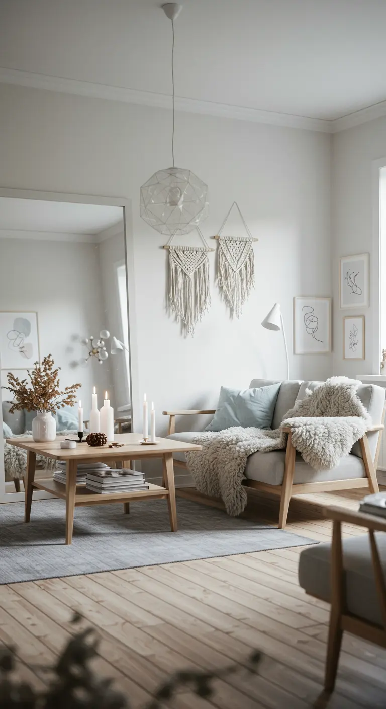 Salon scandinave lumineux avec grand miroir au sol, deux macramés muraux et un canapé clair avec des plaids moelleux.