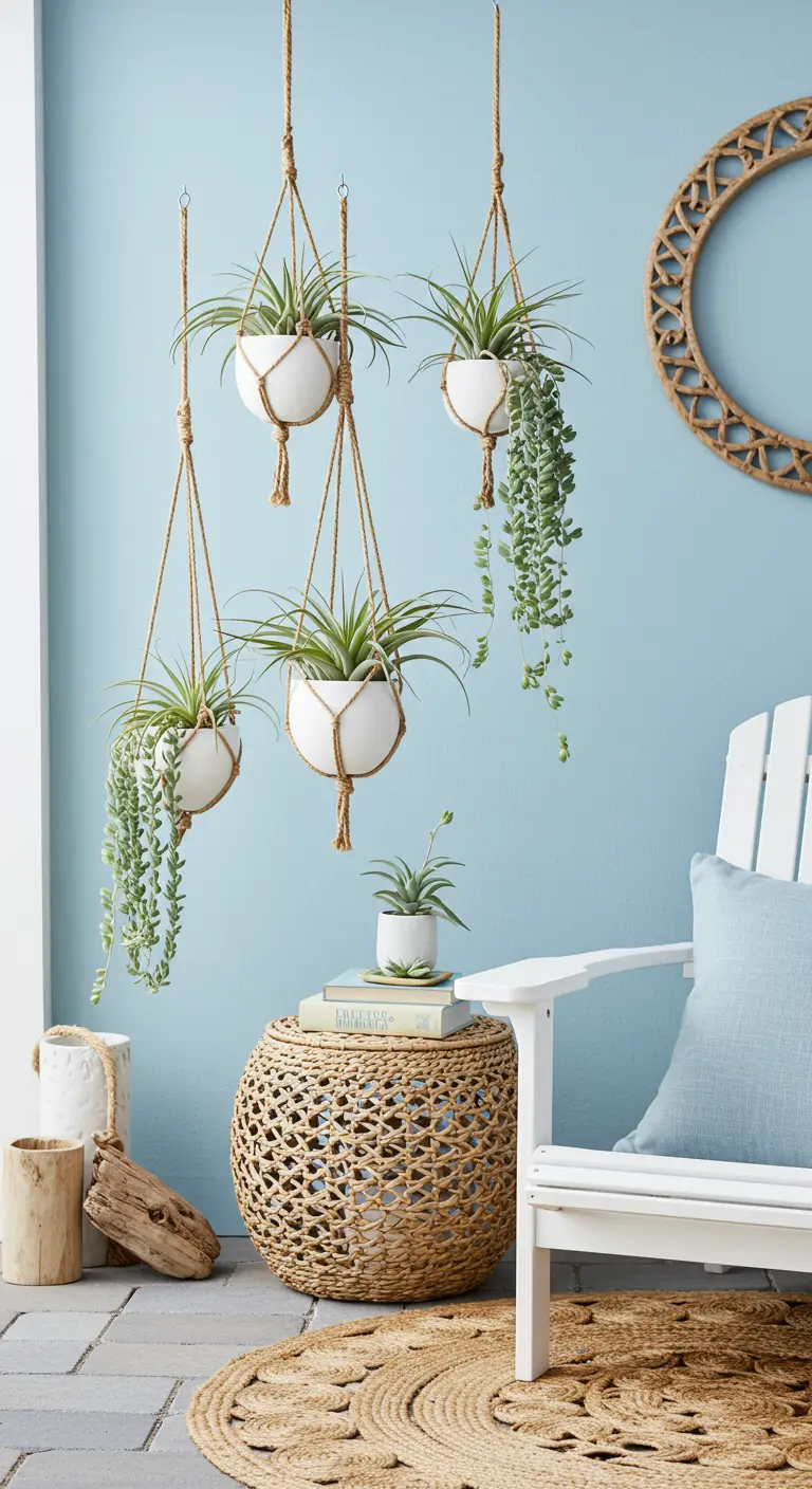 Mur bleu pastel avec pots blancs suspendus de plantes aériennes et succulentes, meuble en rotin et chaise blanche.