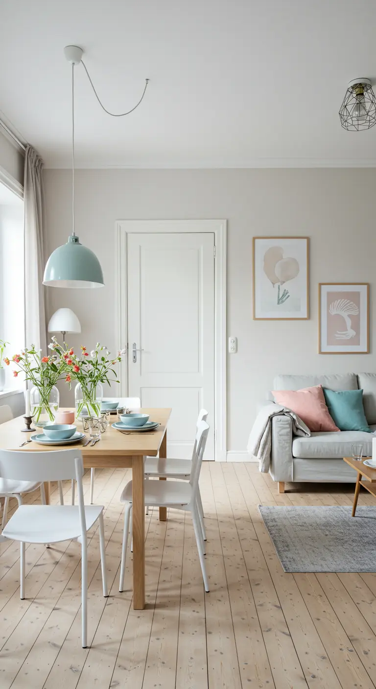 Salle à manger et salon scandinaves avec table en bois, chaises blanches, canapé gris et touches de menthe et corail.