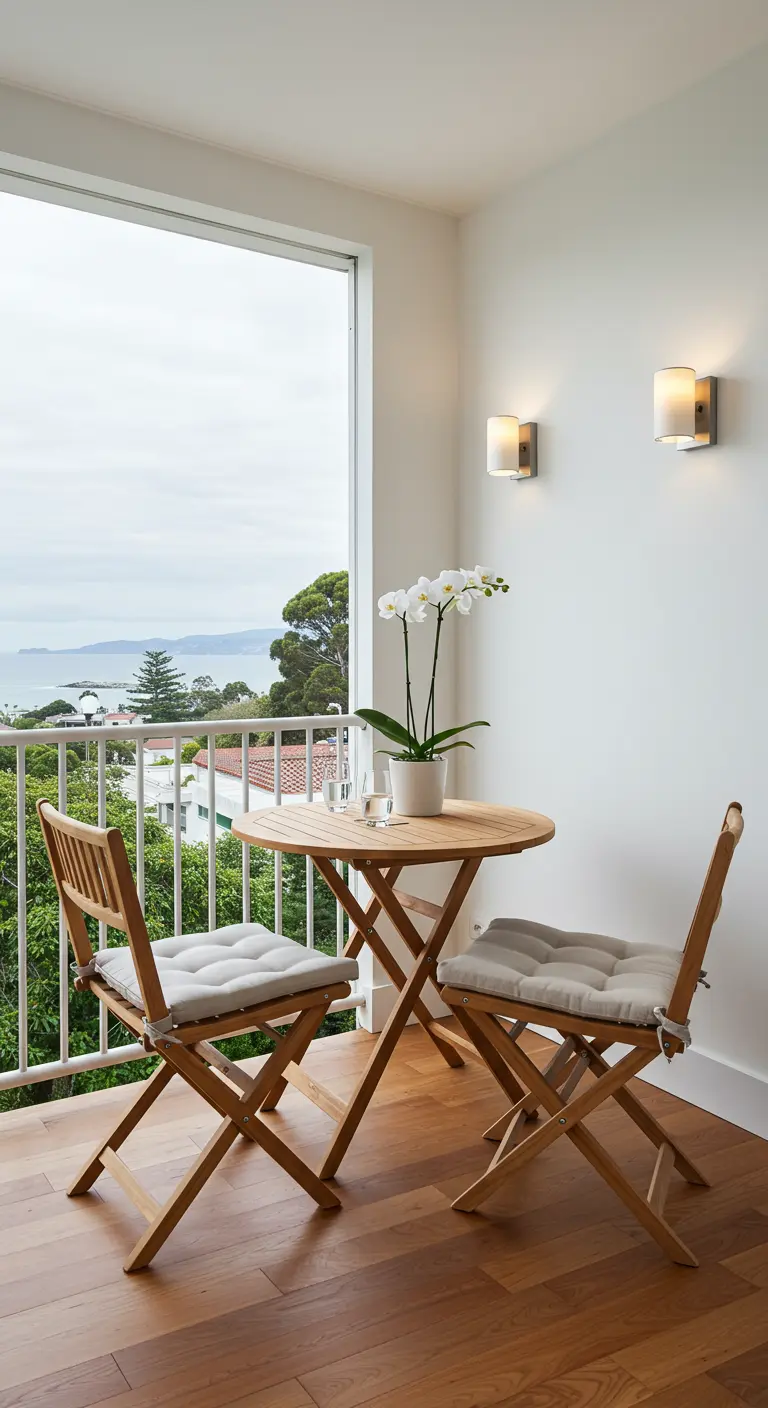 Balcon moderne avec table et chaises pliantes en bois clair, orchidée blanche et vue sur l'océan.