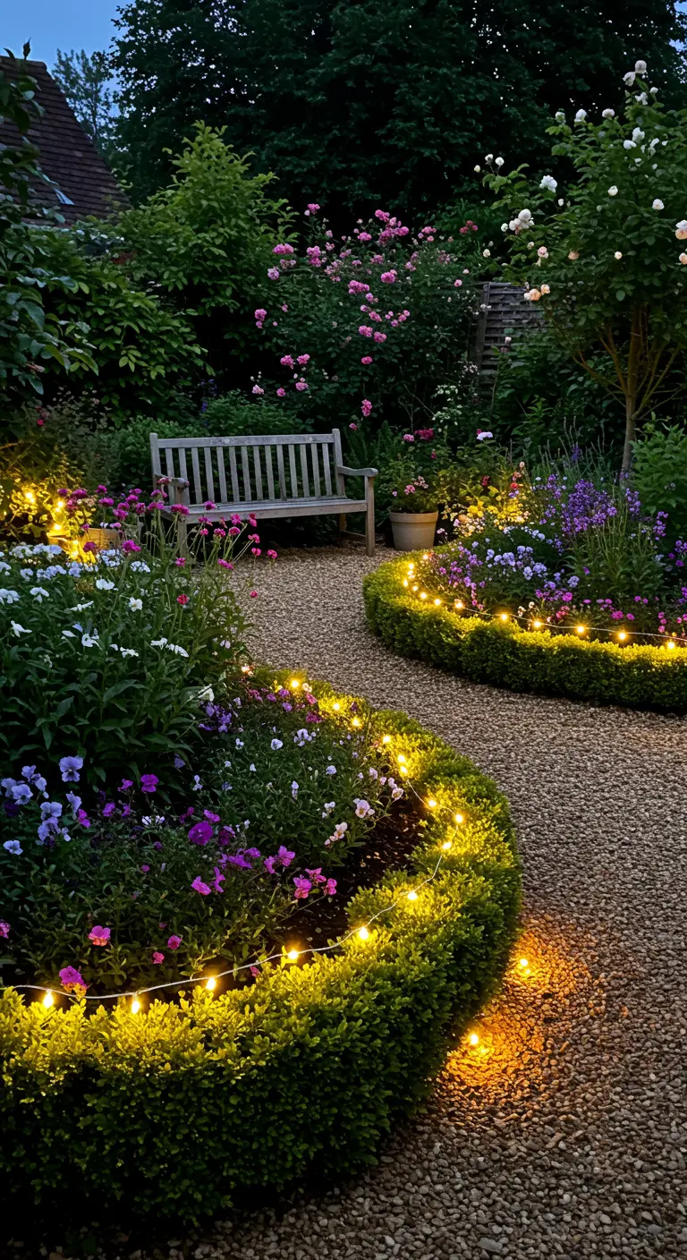 Bordures de buis et parterres de fleurs soulignés par des guirlandes lumineuses LED.