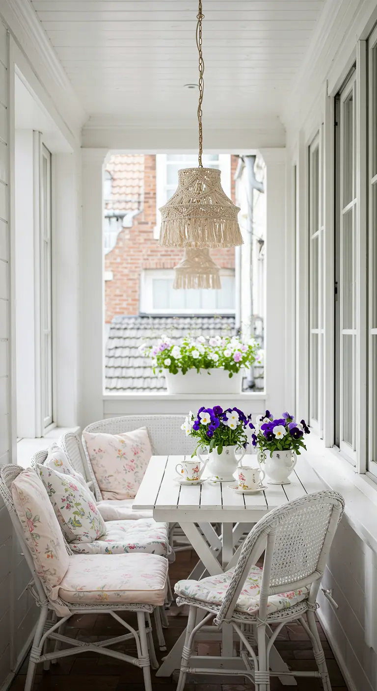 Véranda avec mobilier en osier blanc, coussins fleuris, pensées et suspension en macramé.