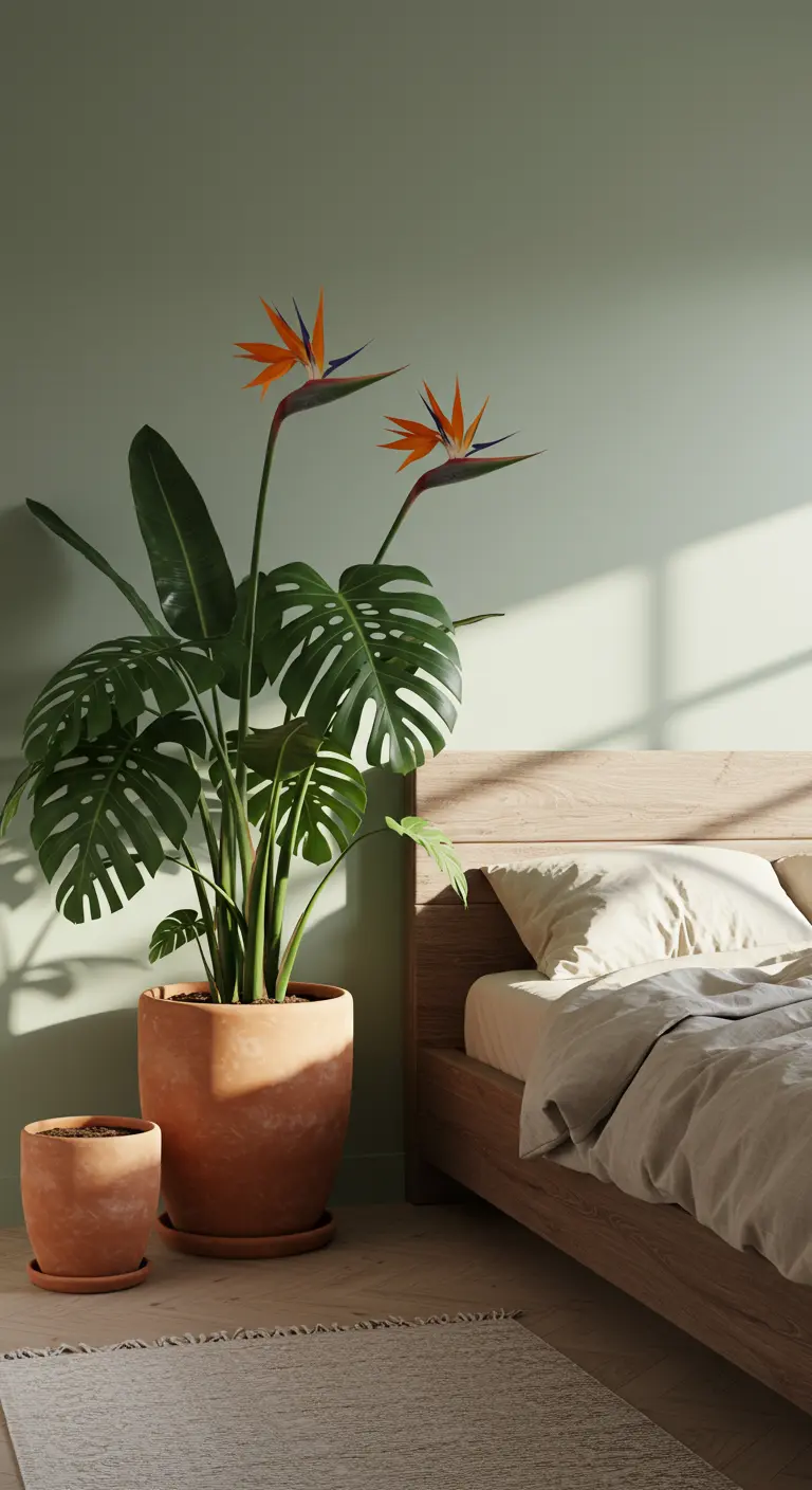 Strelitzia et Monstera dans des pots en terre cuite près d'un lit en bois.