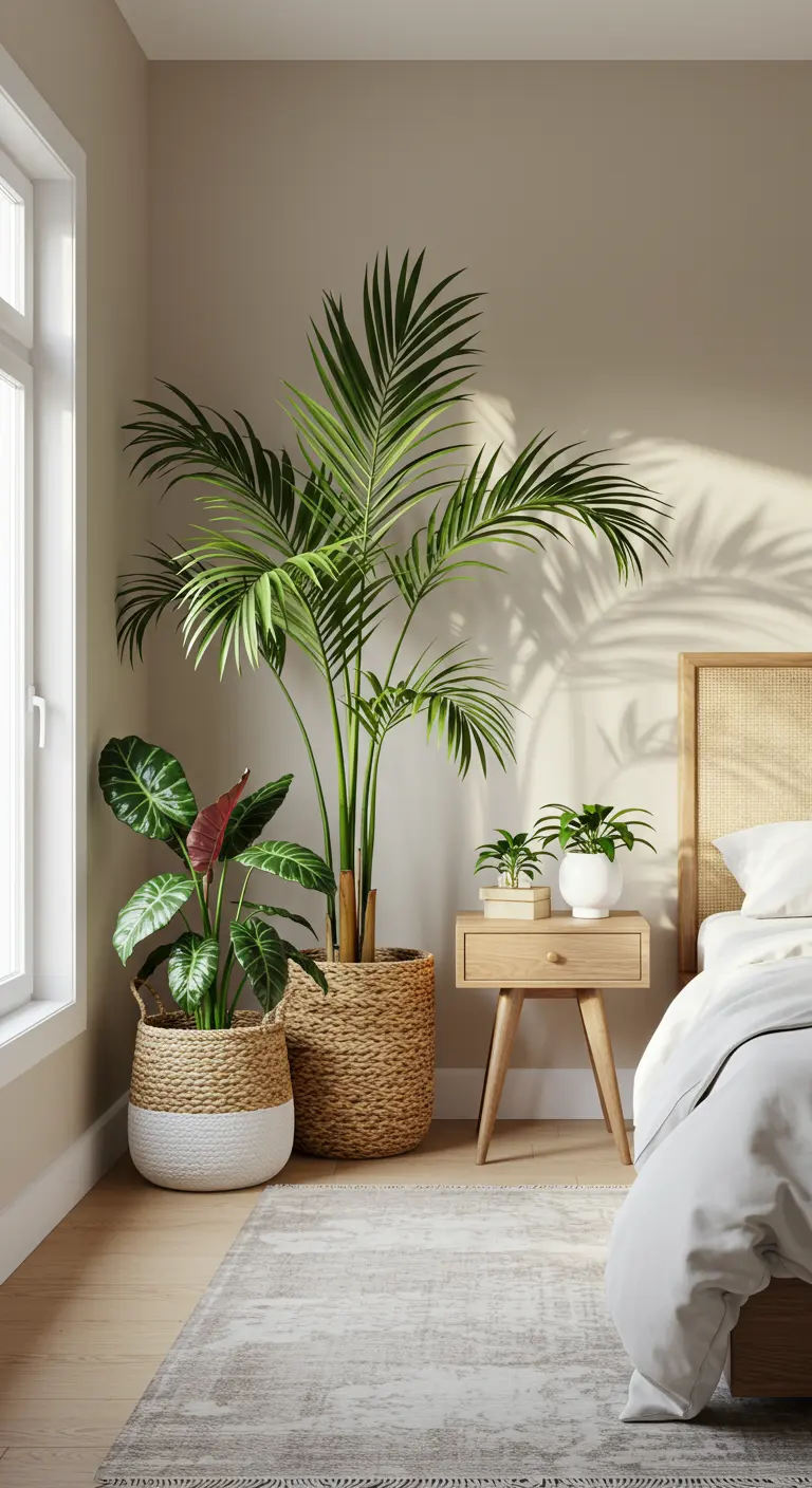 Palmier Areca et petites plantes dans des paniers en osier dans une chambre.
