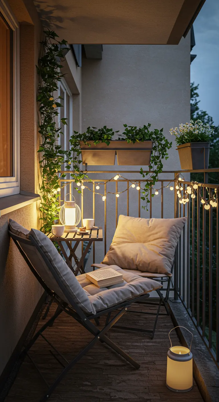 Balcon la nuit avec lierre grimpant, guirlandes lumineuses, lanternes et chaises confortables.