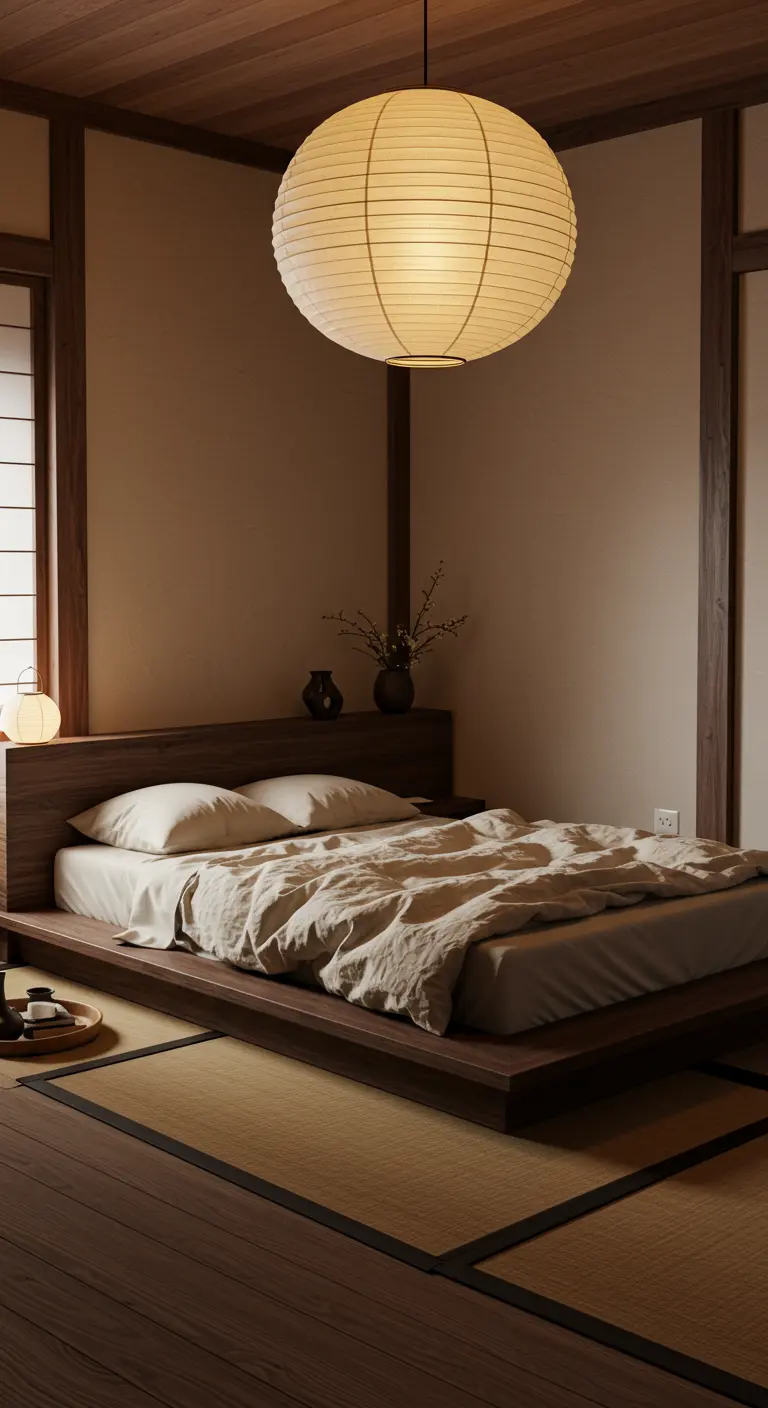 Lanterne japonaise suspendue dans une chambre au style zen avec lit bas et tatamis.