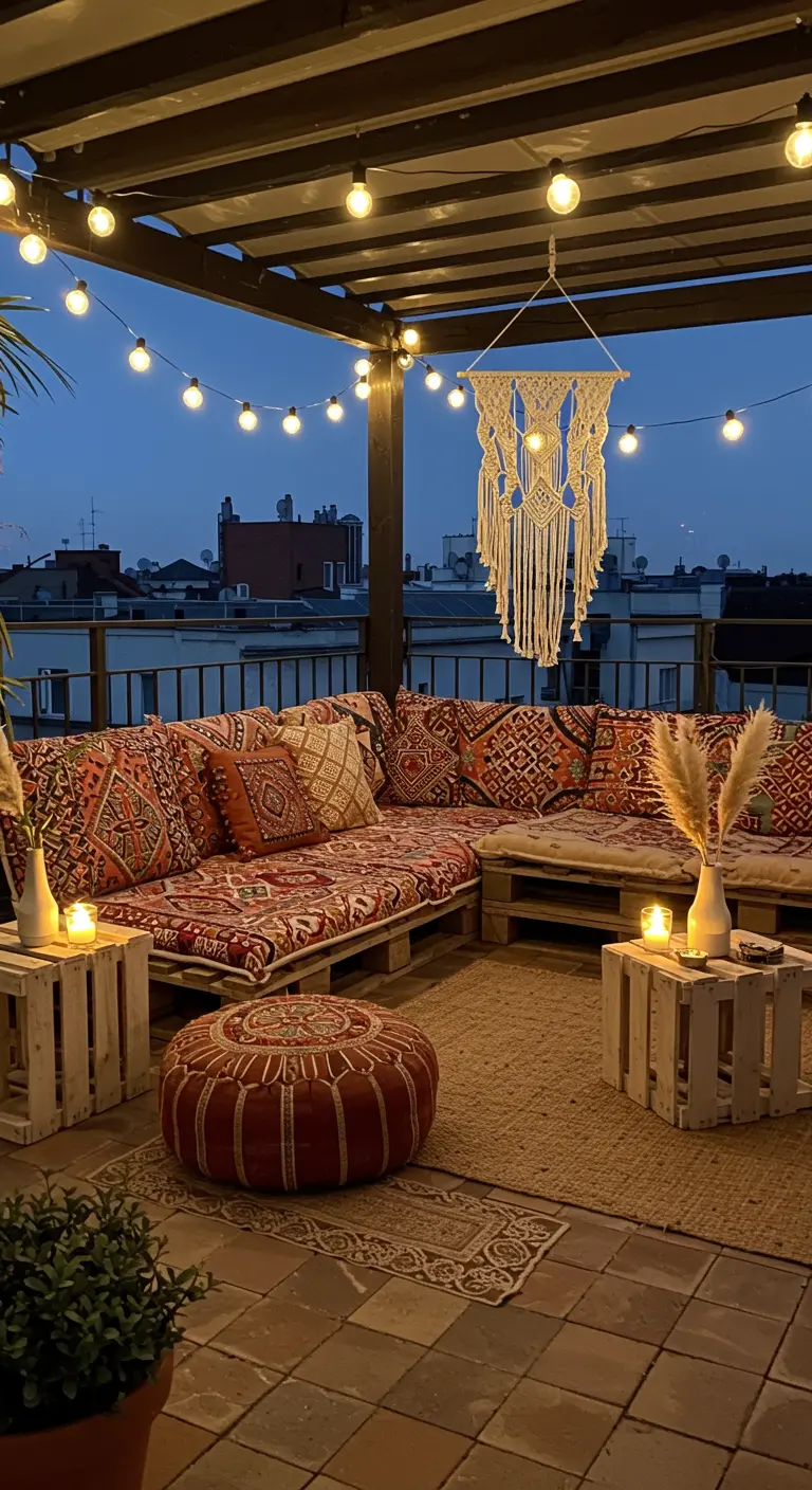 Terrasse bohème avec sofa en palettes, coussins ethniques, guirlandes lumineuses et poufs.
