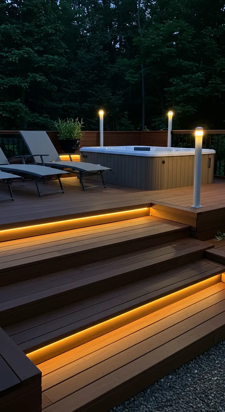 Terrasse en bois avec jacuzzi, escaliers éclairés par LED et bornes lumineuses.