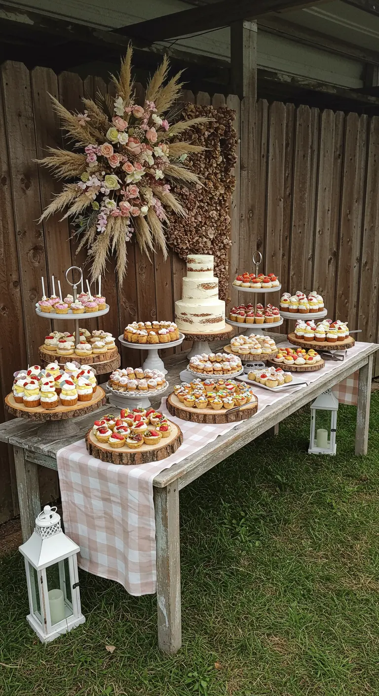 Table de desserts rustique avec gâteau à étages, cupcakes sur rondins de bois et décorations florales.
