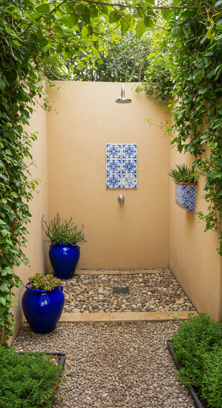 Douche extérieure avec des murs beiges, deux grands pots bleus et des carreaux de mosaïque bleus.