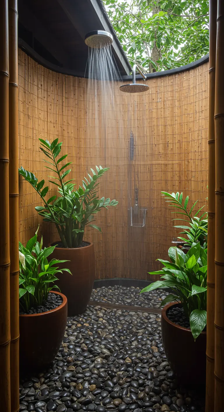 Douche extérieure avec écran en bambou, plantes en pots de terre cuite et galets de rivière noirs.