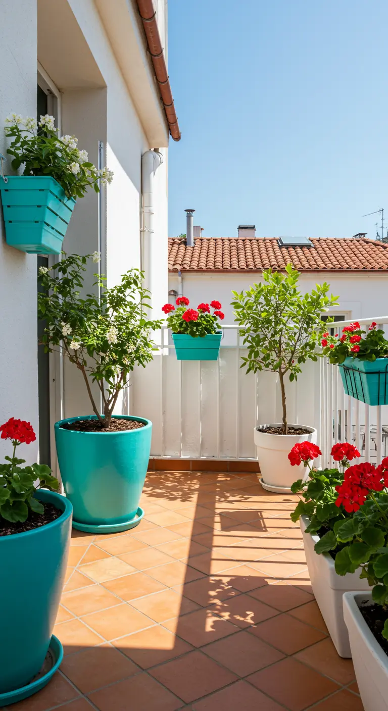 Balcon ensoleillé avec des pots turquoise et blancs, des géraniums rouges et des plantes vertes.