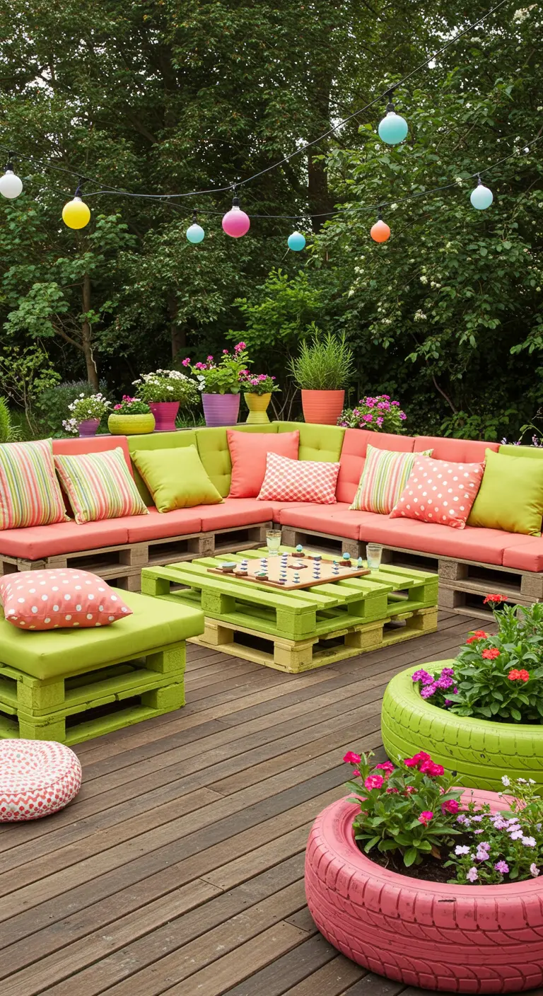 Salon de jardin en palettes vertes fluo, coussins corail, pneus recyclés comme jardinières colorées.