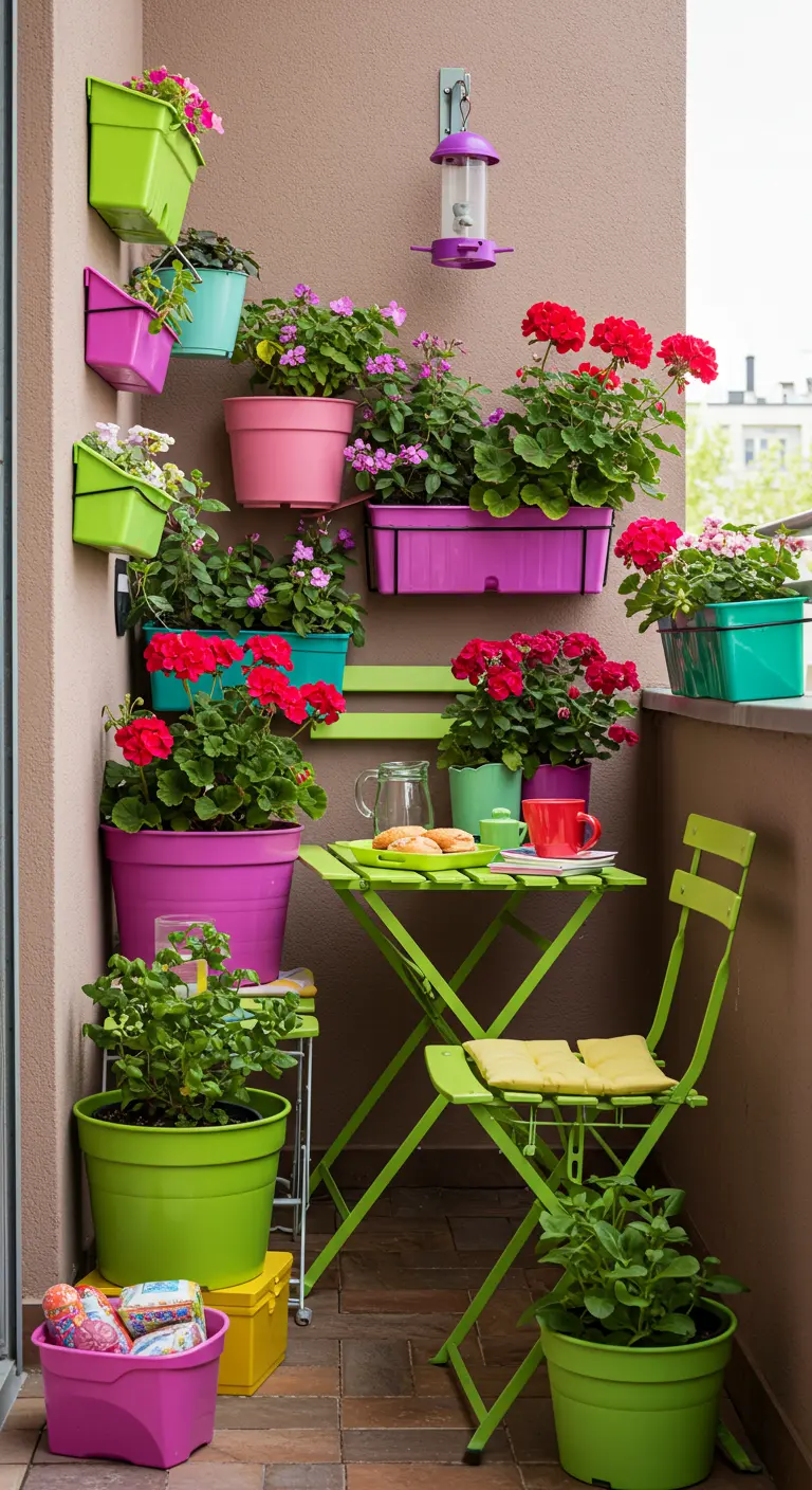 Balcon très coloré avec meubles verts, pots roses, bleus, verts, fuchsia et fleurs variées.