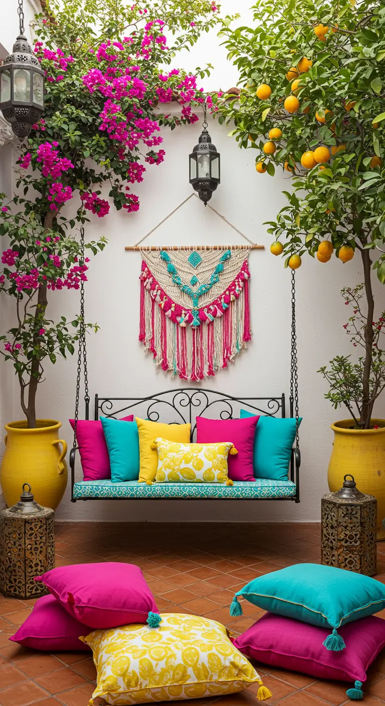 Balançoire en fer forgé, coussins colorés, macramé vif, bougainvillier et orangers.