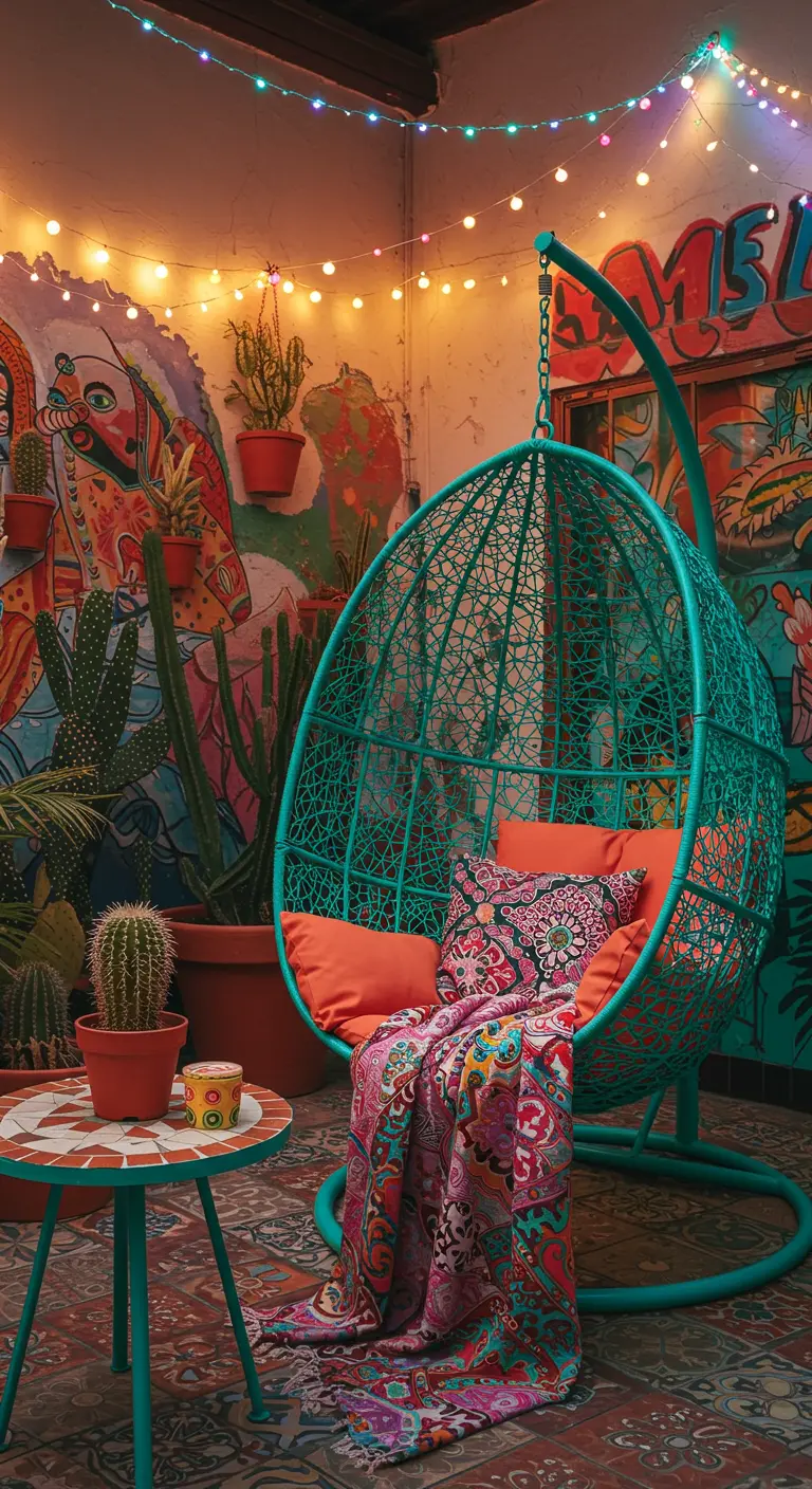 Fauteuil œuf turquoise dans un patio coloré avec fresques murales, cactées et guirlandes lumineuses.