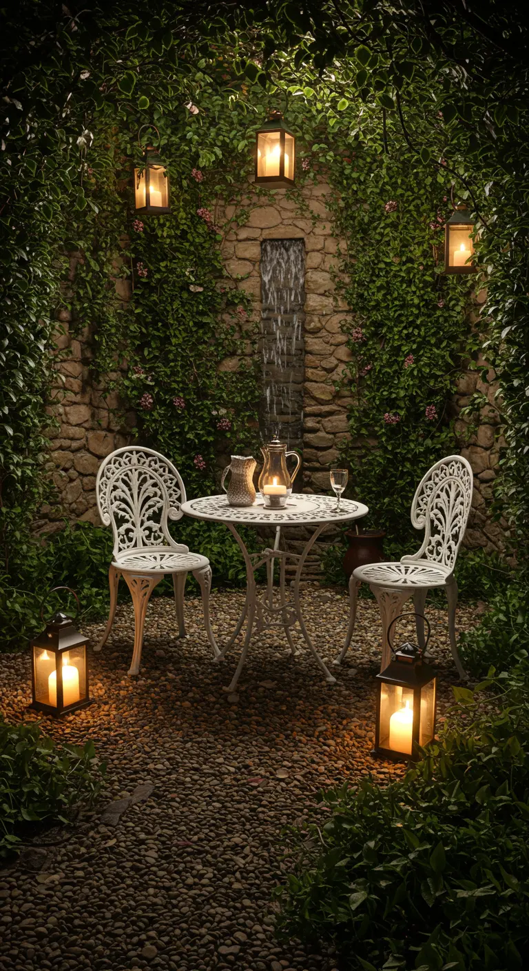 Cour intime la nuit avec table en fer forgé blanc, cascade, lierre et lanternes lumineuses.