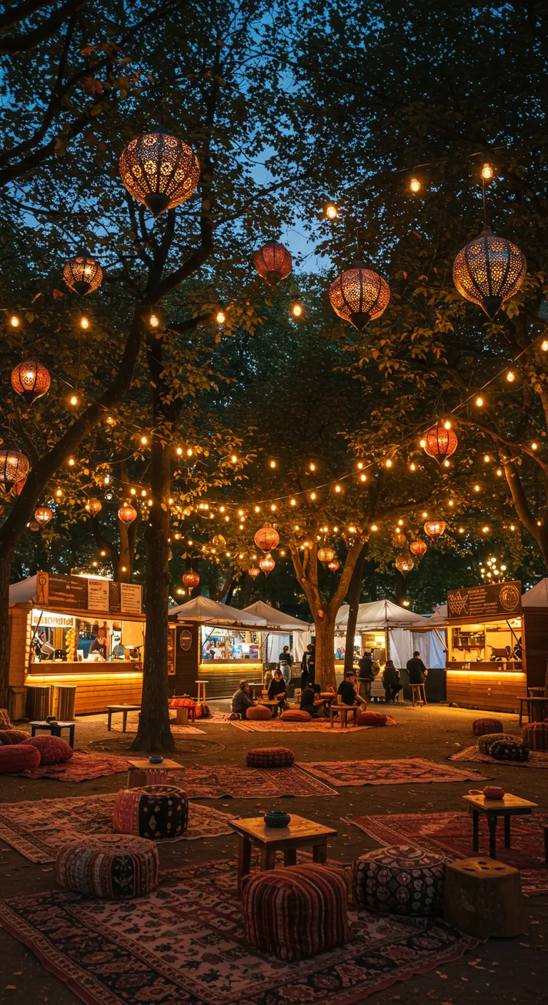 Guirlandes lumineuses et lanternes orientales suspendues au-dessus d'un marché nocturne en plein air avec des tapis et coussins au sol.