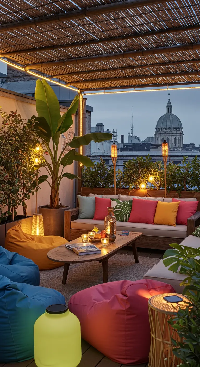 Terrasse tropicale avec poufs colorés, table bois, bananier, guirlande lumineuse.
