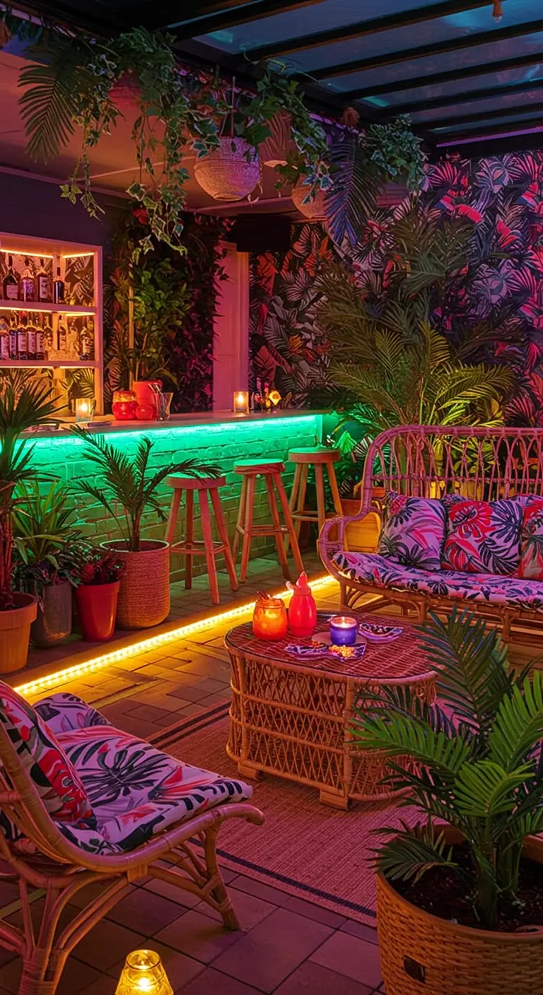 Bar extérieur tropical avec murs végétaux, mobilier en rotin et éclairage LED coloré.