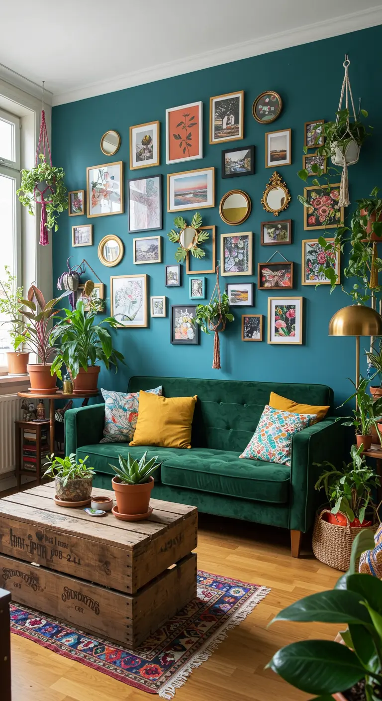 Mur vert émeraude avec une galerie foisonnante de cadres dorés, miroirs soleils et plantes suspendues au-dessus d'un canapé vert.