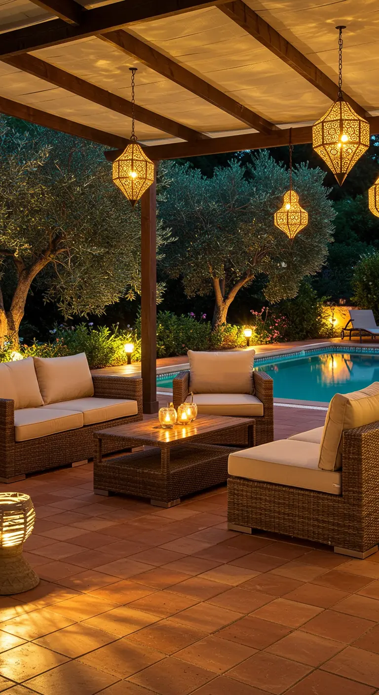 Terrasse méditerranéenne avec piscine, meubles en rotin et lanternes marocaines suspendues.