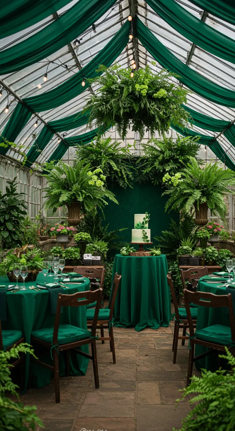 Fête monochrome verte dans une serre avec tables rondes, plantes luxuriantes et gâteau à étages.