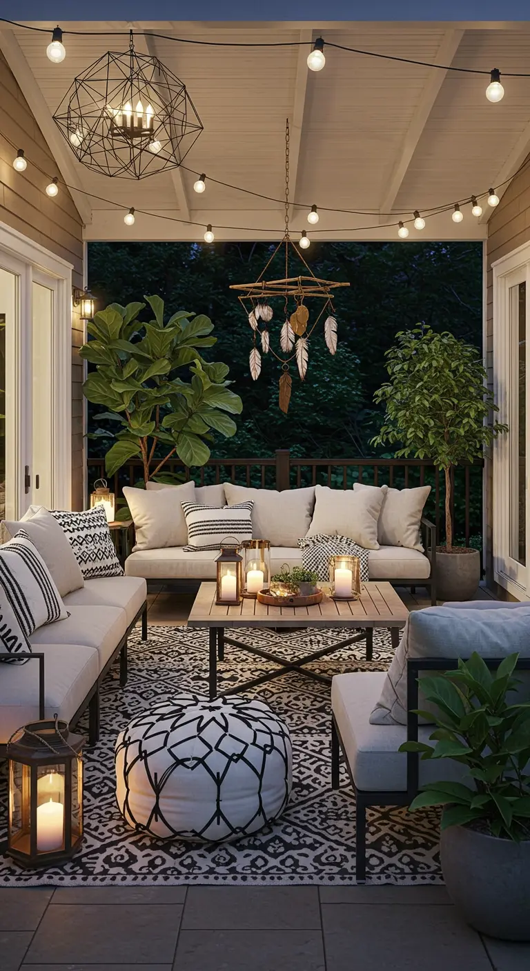 Terrasse moderne avec canapé neutre, coussins géométriques, lustre design et guirlandes.