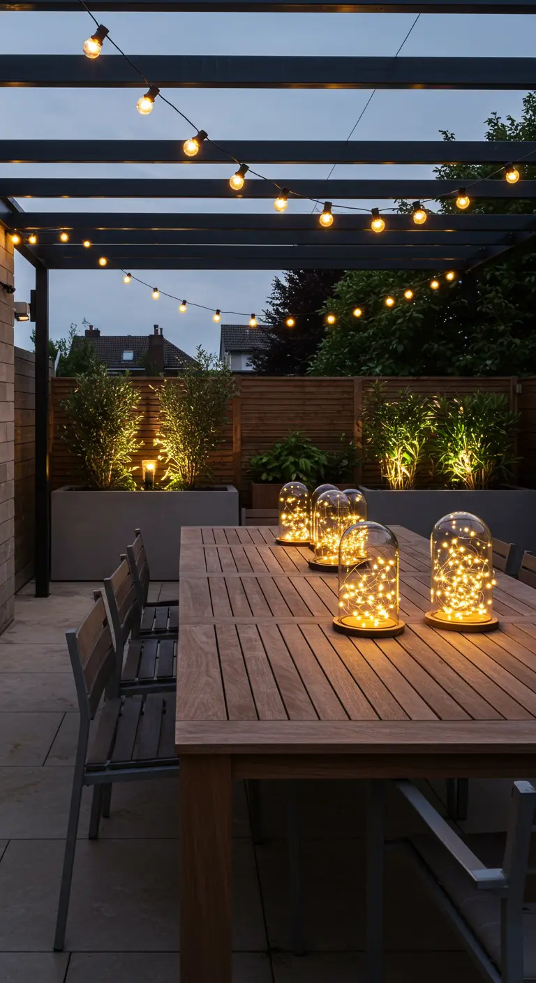 Terrasse moderne avec pergola, guirlande lumineuse et cloches en verre avec LED sur une longue table en bois.
