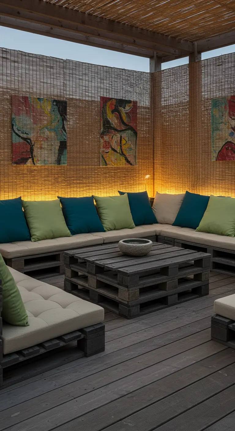 Salon de jardin palettes foncées, coussins beige/vert/bleu, panneaux bambou, éclairage LED.
