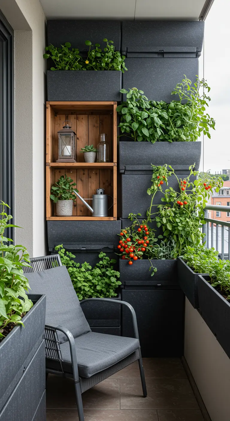 Potager vertical modulaire anthracite avec tomates cerises, étagère en bois et fauteuil sur balcon