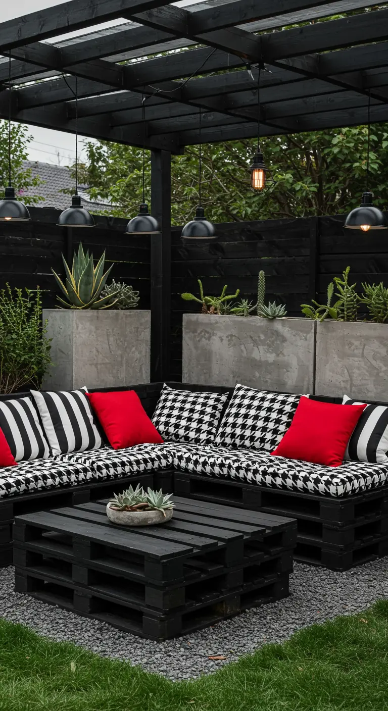 Salon de jardin en palettes noires avec coussins graphiques noirs/blancs et rouges, et jardinières en béton.
