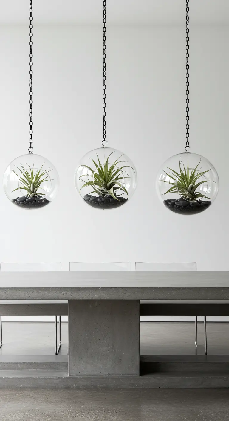 Trois terrariums sphériques avec Tillandsias et galets noirs, suspendus par des chaînes noires au-dessus d'une table en béton.