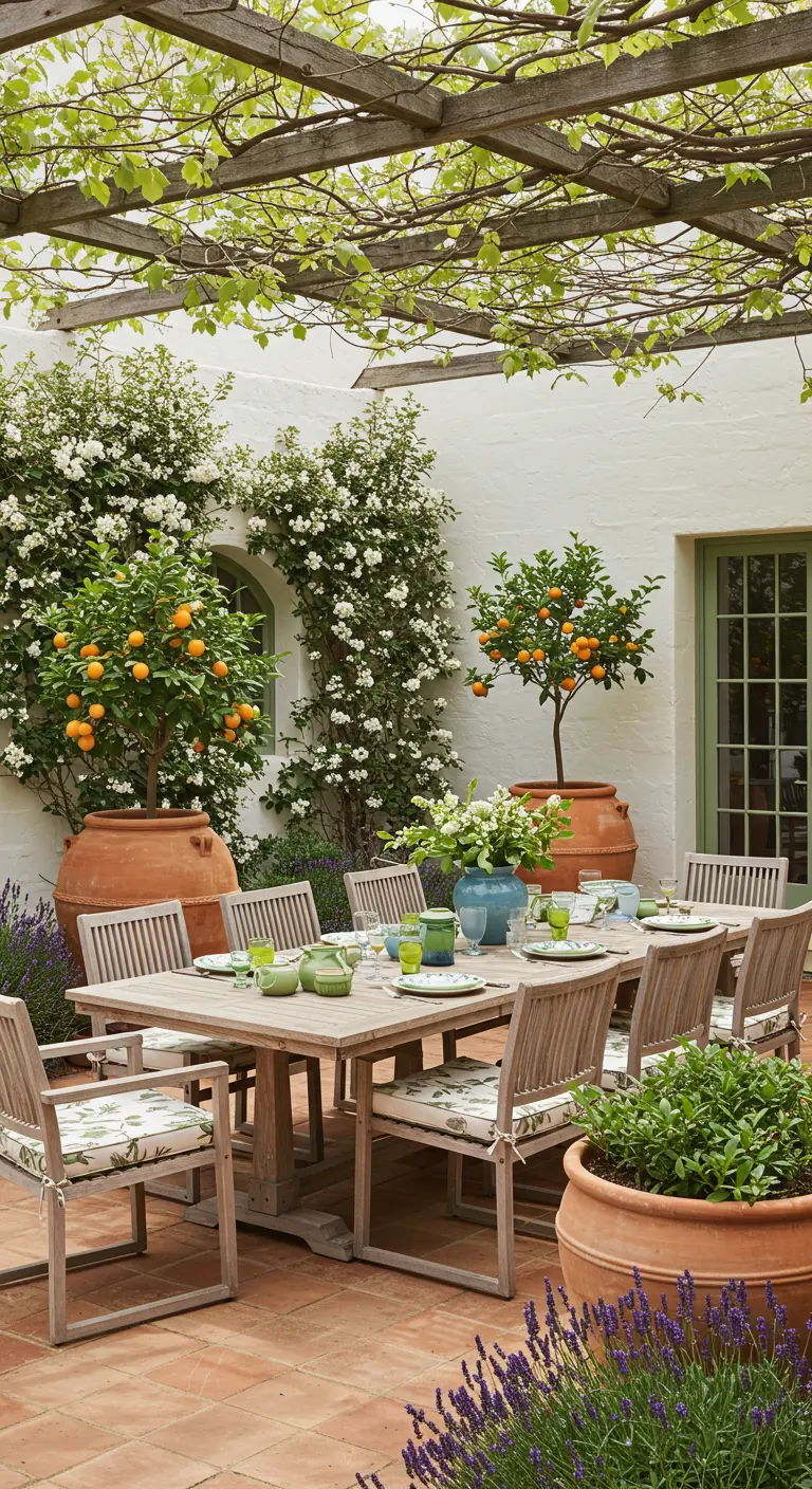 Patio avec pergola, orangers en pots de terre cuite, table en bois et rosiers grimpants.