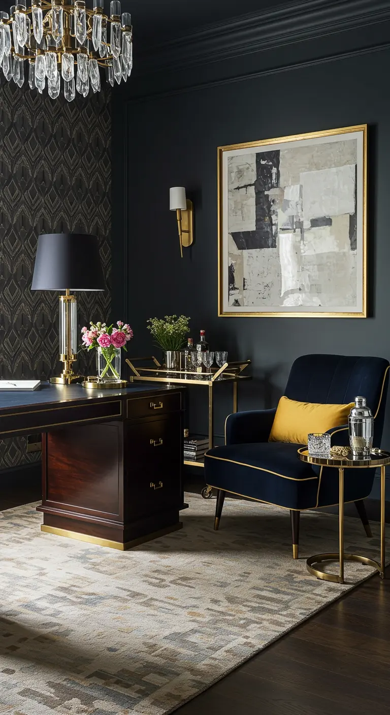 Bureau de luxe bleu nuit et or avec fauteuil en velours, tableau abstrait et chariot de bar.