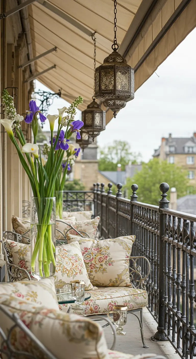 Balcon parisien avec mobilier en fer forgé, coussins fleuris, grands vases d'iris et lys calla.