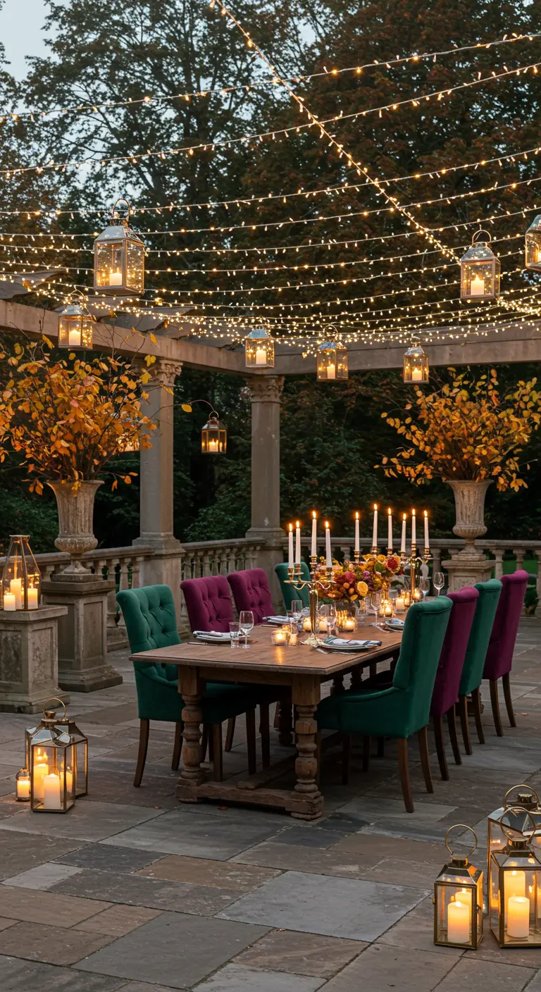 Grande table de dîner extérieure sous une pergola illuminée de multiples guirlandes et lanternes, avec chaises élégantes.