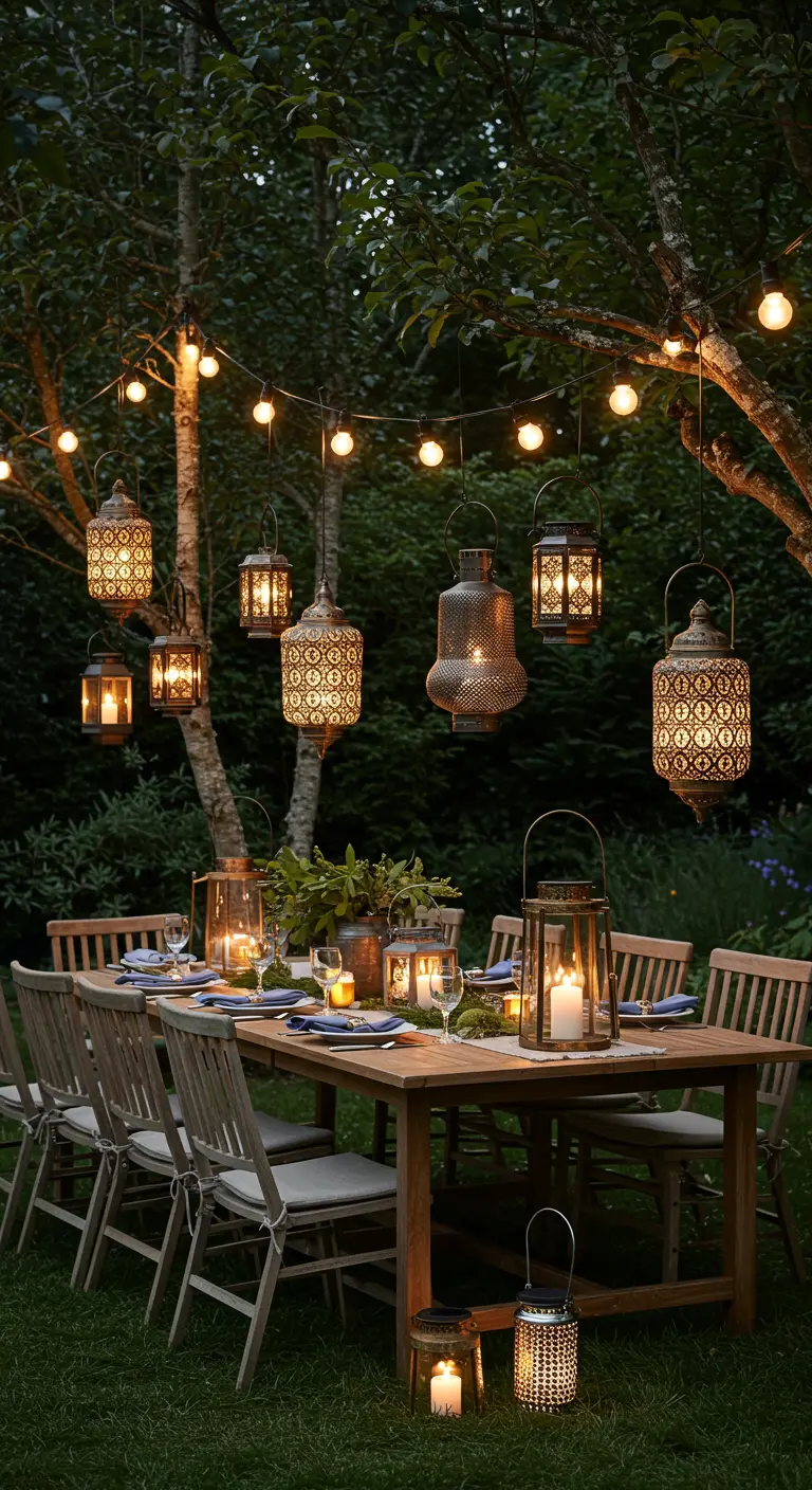 Dîner de jardin élégant avec table en bois, guirlandes et lanternes métalliques suspendues.