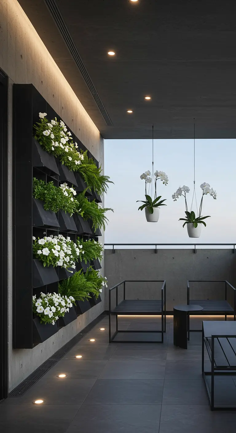 Balcon moderne avec mur végétal géométrique, orchidées blanches suspendues et mobilier épuré.