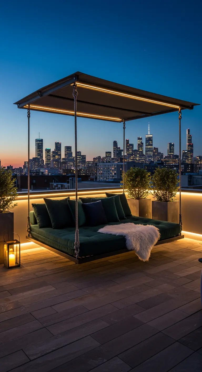 Lit suspendu moderne avec LED sur un rooftop, skyline urbaine au crépuscule.