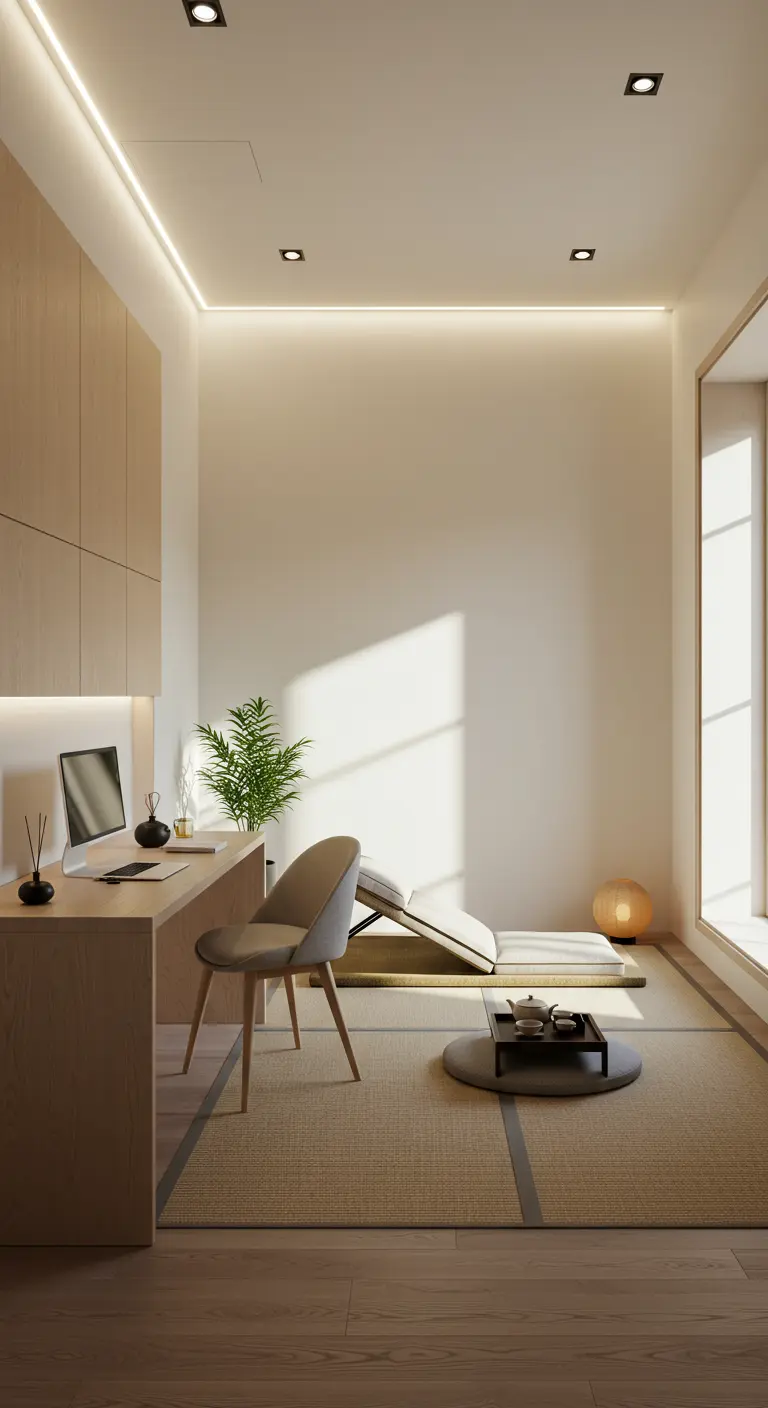 Bureau minimaliste zen avec tapis tatami, futon bas, plateau à thé et plantes vertes.