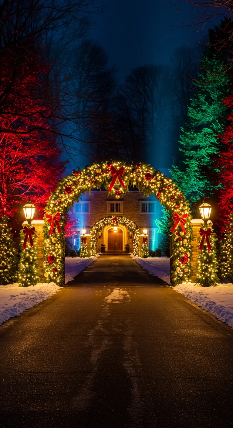 Allée d'entrée majestueuse avec arche illuminée de guirlandes et arbres éclairés par des projecteurs rouges et verts.