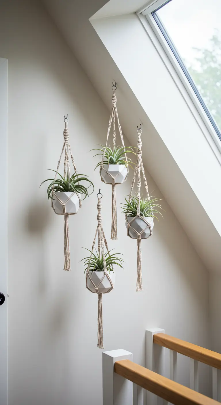Quatre plantes araignées en pots géométriques blancs suspendues en macramé le long d'un escalier.