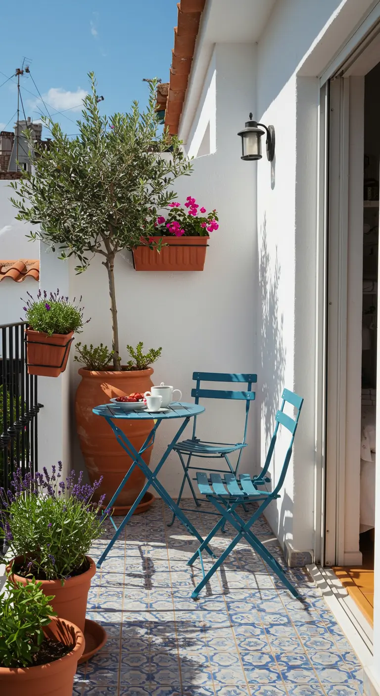 Balcon style méditerranéen avec carrelage bleu, olivier, lavande, table et chaises bleues.