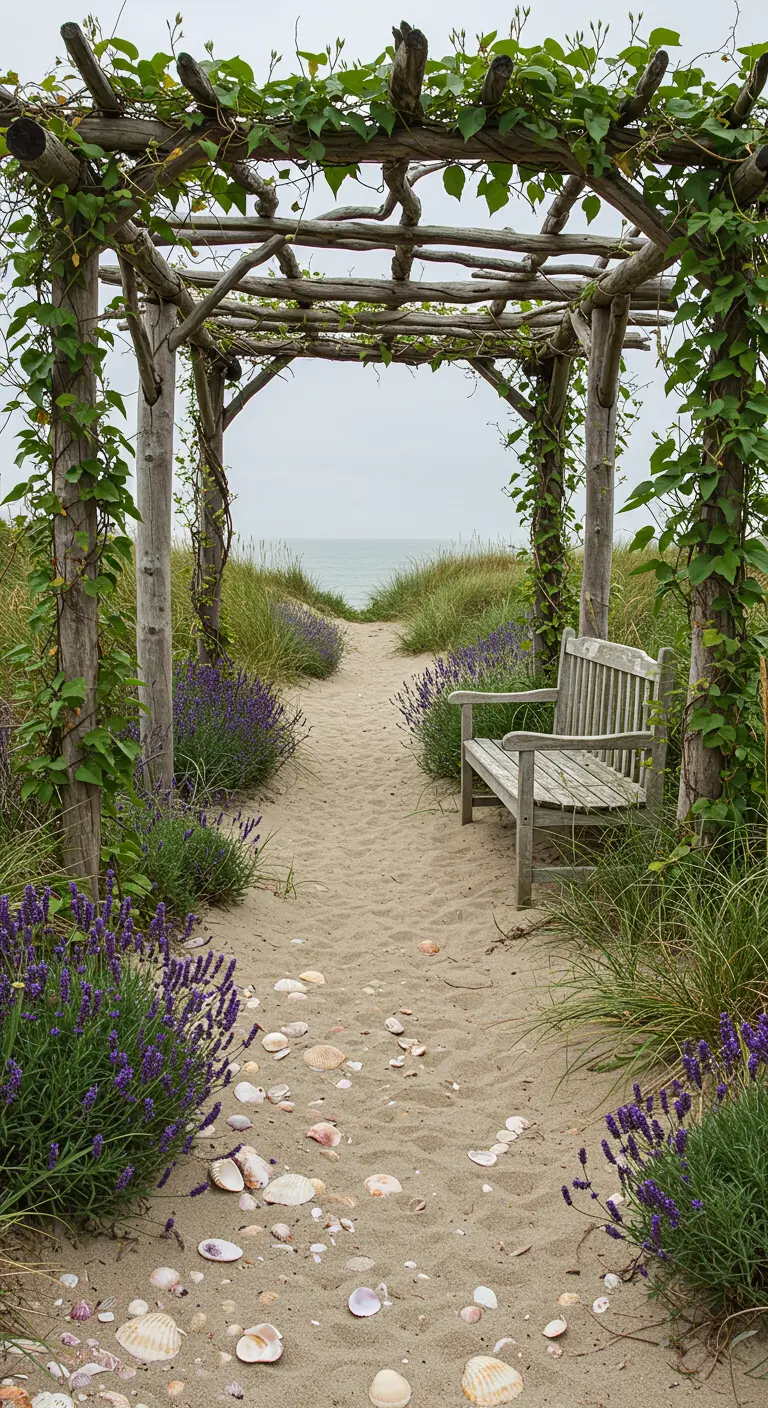 Pergola rustique en bois sur chemin de sable parsemé de coquillages, lavande et banc en bois.