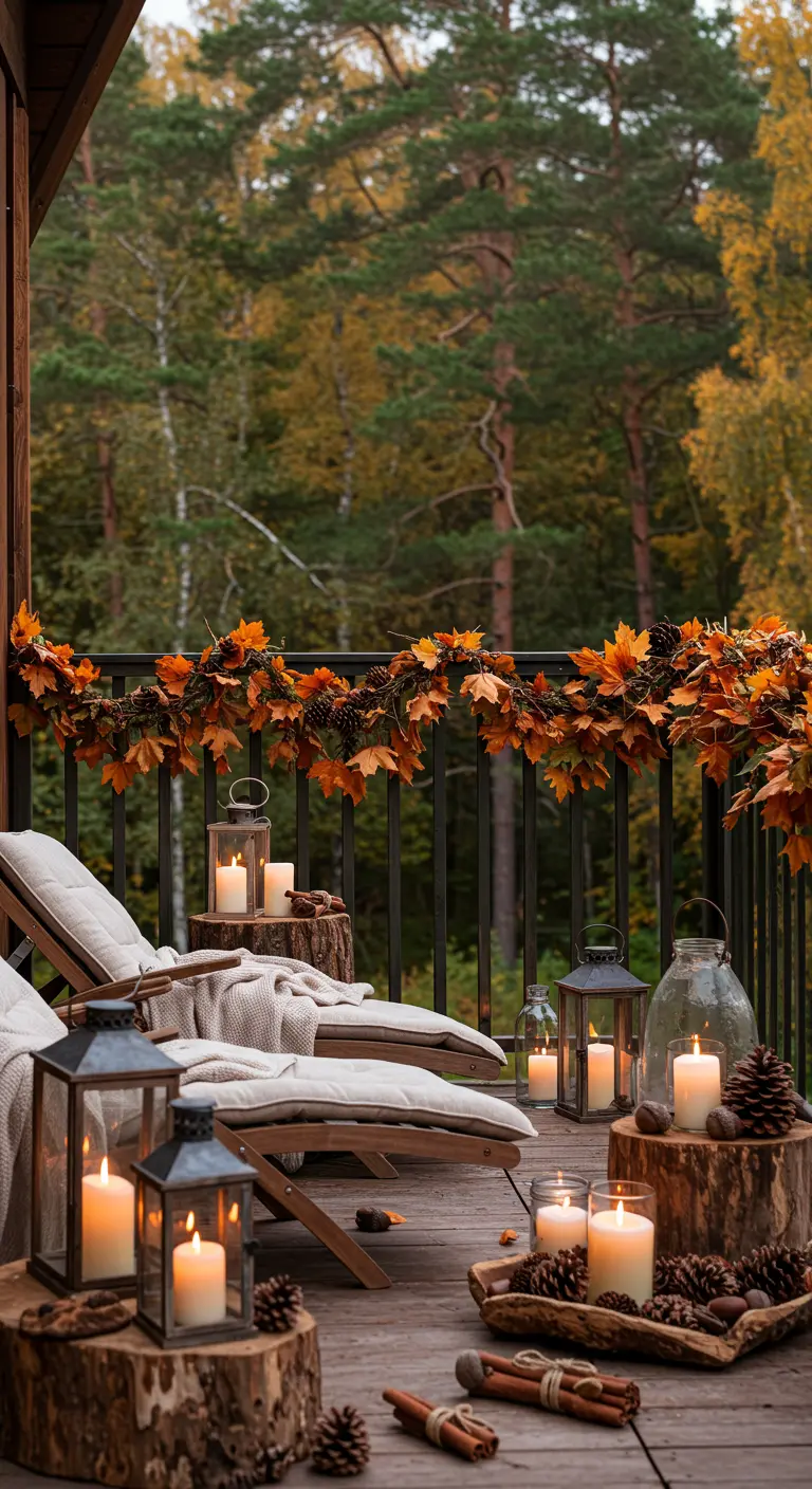 Terrasse avec transats, rondins de bois, lanternes, bougies, pommes de pin et guirlande de feuilles d'automne.