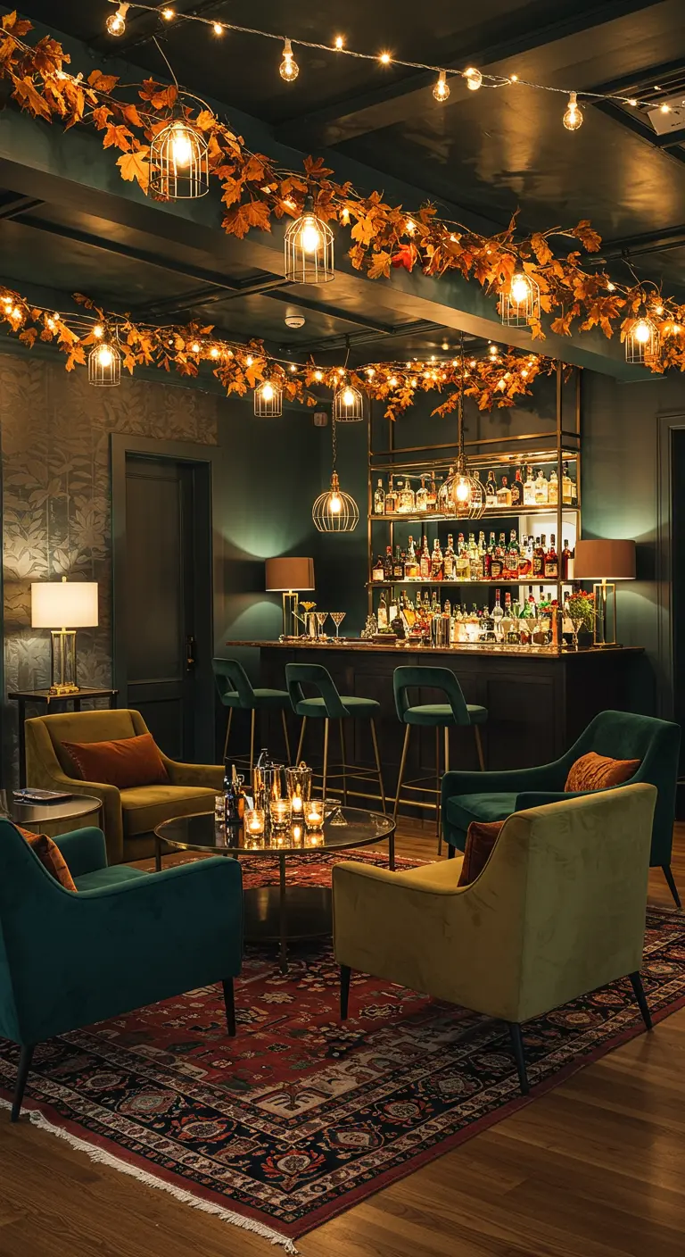 Bar sophistiqué avec plafond décoré de guirlandes de feuilles d'automne illuminées.