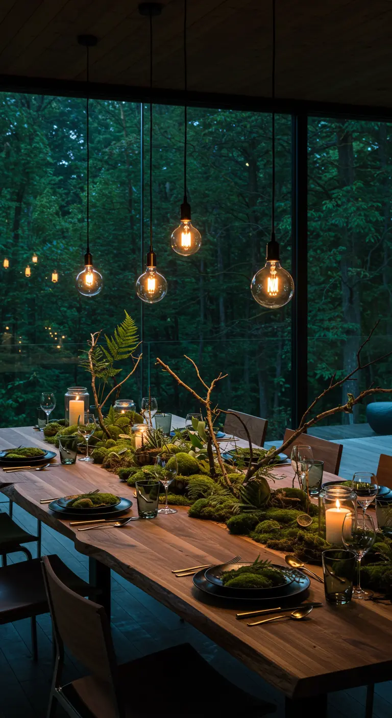 Table en bois brut avec un chemin de table en mousse, des bougies et des ampoules suspendues, vue sur la forêt.