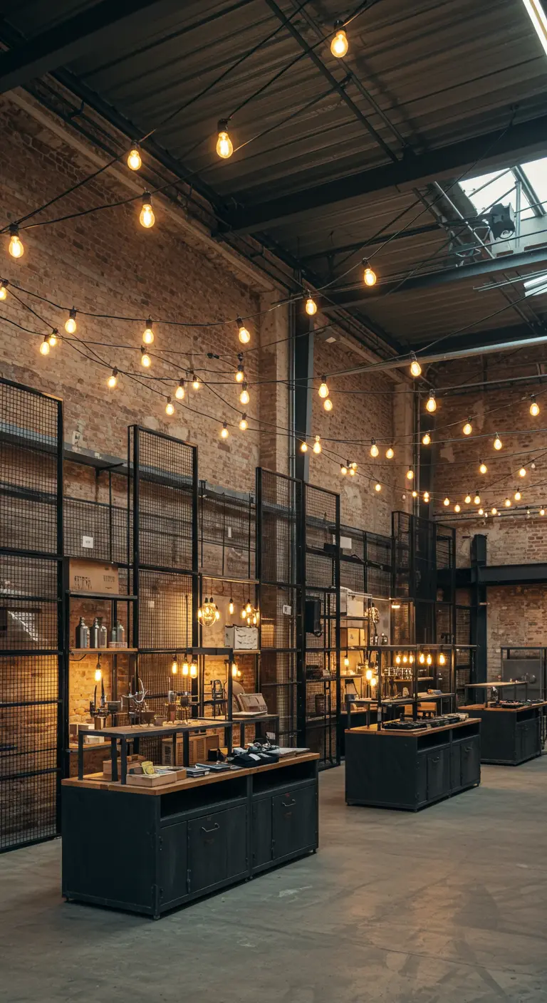 Marché intérieur au style industriel avec des murs en briques, des étagères métalliques et des guirlandes d'ampoules Edison suspendues.
